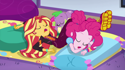 Size: 1280x720 | Tagged: safe, screencap, pinkie pie, spike, spike the regular dog, sunset shimmer, dog, better together, choose your own ending, equestria girls, wake up!, wake up!: pinkie pie, boots, drool, eyes closed, female, male, shoes, sleeping, sugar crash