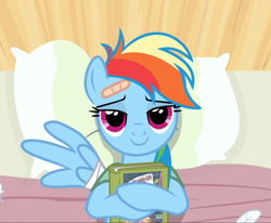 Size: 1140x938 | Tagged: safe, derpibooru import, screencap, rainbow dash, pegasus, pony, read it and weep, bandage, bed, book, cropped, female, lidded eyes, lying down, mare, pillow, smiling, solo