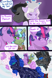 Size: 1024x1536 | Tagged: safe, artist:jeyjeymohr, derpibooru import, clover the clever, king sombra, princess platinum, twilight sparkle, twilight sparkle (alicorn), alicorn, pony, unicorn, comic:crownless, comic, crystal, dialogue, exclamation point, hug, sculpture, traditional art