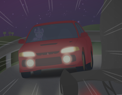 Size: 3200x2500 | Tagged: safe, artist:devfield, starlight glimmer, pony, unicorn, artist training grounds 2020, car, female, glare, glarelight glimmer, hill, light, mare, mitsubishi, mitsubishi lancer, mitsubishi lancer evolution iv, motion lines, mountain, need for speed, newbie artist training grounds, night, race, railing, s5 starlight, spoiler, stars, steering wheel, tree, vignette, wheel