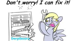 Size: 1920x1080 | Tagged: safe, derpibooru import, edit, derpy hooves, pegasus, pony, 503, animated, comic sans, d:, derp, derpibooru, derpibooru is down, derpy hooves tech support, female, flailing, frown, hitting, mare, meta, open mouth, percussive maintenance, server, simple background, solo, sparks, spread wings, text, tongue out, truth, white background, wide eyes, wings, wrench
