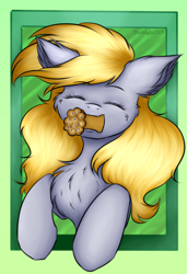 Size: 1507x2209 | Tagged: safe, artist:darklight1315, derpy hooves, ditzy doo, pegasus, pony, chest fluff, cute, ear fluff, food, green background, muffin, simple background, smiley face, solo