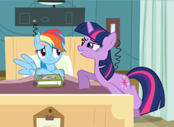 Size: 1278x938 | Tagged: safe, derpibooru import, screencap, rainbow dash, twilight sparkle, unicorn twilight, pegasus, pony, unicorn, read it and weep, bandage, bed, book, cropped, duo, female, hospital, leaning, looking at each other, lying down, mare, raised hoof, smiling, smirk