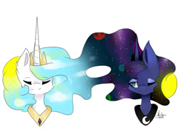 Size: 1024x785 | Tagged: safe, artist:mizukichanart, princess celestia, princess luna, alicorn, pony, bust, eyes closed, intertwined manes, one eye closed, portrait, royal sisters, simple background, wink