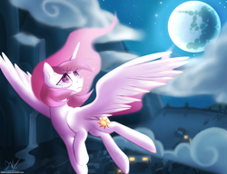 Size: 1300x1000 | Tagged: safe, artist:glitterlunaria, princess celestia, alicorn, pony, crying, flying, mare in the moon, moon, mountain, night, pink-mane celestia, sad, solo, stars, town, waterfall, younger