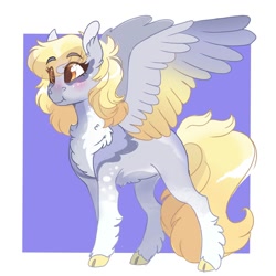 Size: 2000x2000 | Tagged: safe, artist:scarletskitty12, derpy hooves, pegasus, pony, abstract background, blushing, chest fluff, cloven hooves, coat markings, colored hooves, colored wings, cute, derpabetes, ear fluff, feathered fetlocks, female, fluffy, gradient wings, high res, leg fluff, mare, missing cutie mark, pale belly, solo, unshorn fetlocks, wings