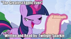 Size: 720x400 | Tagged: safe, derpibooru import, twilight sparkle, derp, faic, fanfic, image macro, meme, reading, scroll, solo, twilight loves fanfiction