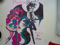 Size: 640x480 | Tagged: safe, artist:cadence1234, pinkie pie, demon, equestria girls, rainbow rocks, crossover, dan, dan vs, electric guitar, guitar, humanized, ponied up, traditional art, winged humanization