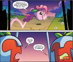 Size: 1267x1073 | Tagged: safe, idw, pinkie pie, earth pony, living apple, pony, night of the living apples, spoiler:comic, spoiler:comic32, apple, apple pinkie, comic, female, helmet, official comic, spear, speech bubble, weapon