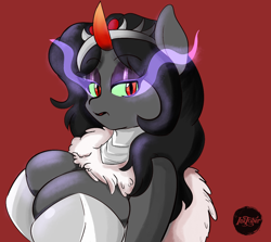 Size: 2300x2055 | Tagged: safe, artist:solratic, derpibooru import, king sombra, queen umbra, anthro, unicorn, armor, big breasts, breasts, cleavage, evil, eyeshadow, female, horn, inktober, looking at you, makeup, queen, queen huge-bra, red background, red eyes, rule 63, simple background, slit eyes, solo, sombra eyes