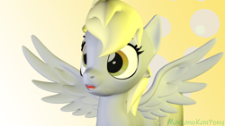 Size: 1920x1080 | Tagged: safe, artist:marianokun, derpy hooves, pegasus, pony, 3d, :o, cute, cutie mark, cutie mark background, open mouth, simple background, source filmmaker, spread wings, white background, wings, yellow background