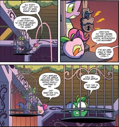 Size: 1269x1345 | Tagged: safe, artist:tonyfleecs, idw, pinkie pie, spike, dragon, living apple, night of the living apples, spoiler:comic, spoiler:comic32, apple, apple pinkie, cage, comic, female, glasses, good apple, imprisoned, lampshade hanging, male, official comic, species swap, speech bubble