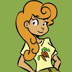 Size: 945x945 | Tagged: safe, artist:megasweet, carrot top, golden harvest, human, clothes, female, green background, humanized, simple background, smiling, solo