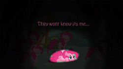 Size: 1920x1080 | Tagged: safe, artist:firestorm-can, artist:p03ss10n, artist:sakatagintoki117, pinkie pie, earth pony, pony, dark, eyes closed, hopping, ponyville, quote, sad, vector, wallpaper