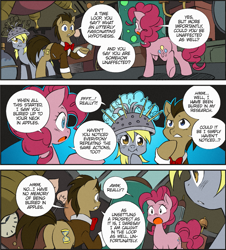 Size: 1325x1467 | Tagged: safe, artist:nekoshiei, color edit, edit, editor:anonycat, seven seas, derpy hooves, doctor whooves, pinkie pie, earth pony, pegasus, pony, my little pony: the manga, bowtie, butt, colored, comic, cropped, female, male, mare, plot, stallion, trio