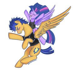 Size: 1024x1092 | Tagged: safe, artist:dragonfoxgirl, derpibooru import, flash sentry, twilight sparkle, twilight sparkle (alicorn), alicorn, pony, blushing, cheering, clothes, female, flashlight, grin, male, mare, shipping, shirt, simple background, smiling, straight, torn clothes, transparent background