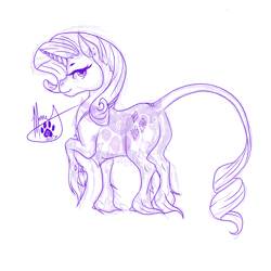 Size: 5000x5000 | Tagged: safe, artist:themerrywolf, rarity, classical unicorn, pony, unicorn, absurd resolution, cloven hooves, leonine tail, monochrome, sketch, solo, underhoof, unshorn fetlocks, watermark