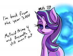 Size: 1300x1000 | Tagged: safe, artist:melliedraws, starlight glimmer, pony, unicorn, dialogue, gamer bait, newbie artist training grounds, solo, time travel, video game