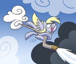 Size: 3000x2517 | Tagged: safe, artist:coaldustthestrange, derpy hooves, pegasus, pony, cloud, female, fire hose, flying, implied fire, mare, no pupils, open mouth, sky, smoke, solo