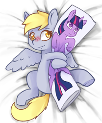 Size: 2120x2553 | Tagged: safe, artist:wild-thunder06, derpibooru exclusive, derpy hooves, twilight sparkle, pegasus, pony, bed, blushing, body pillow, embarrassed, female, high res, mare