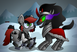 Size: 1135x765 | Tagged: safe, artist:snakeythingy, derpibooru import, king sombra, oc, oc:dj charge, pony, unicorn, canon x oc, crystal, crystal empire, looking at each other, snow, sombra eyes, story included, trade, trapped