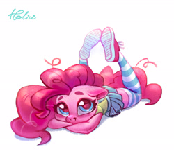 Size: 2040x1836 | Tagged: safe, artist:holivi, pinkie pie, anthro, plantigrade anthro, clothes, cute, diapinkes, female, floppy ears, looking at you, pleated skirt, prone, shoes, simple background, skirt, socks, solo, striped socks, suspenders, thigh highs, thighs, white background, zettai ryouiki