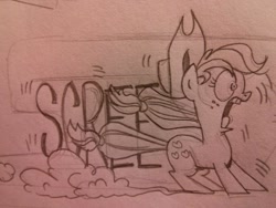 Size: 1024x768 | Tagged: safe, artist:brendahickey, idw, applejack, earth pony, pony, spoiler:comic, spoiler:comicff15, monochrome, screech, sliding, solo, traditional art, wip