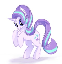 Size: 1132x1177 | Tagged: safe, artist:revarrow, starlight glimmer, pony, unicorn, cute, ear fluff, glimmerbetes, rearing, simple background, smiling, solo, white background