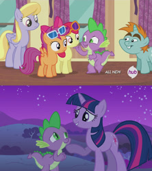 Size: 1920x2160 | Tagged: safe, derpibooru import, edit, screencap, apple bloom, cloud kicker, scootaloo, snips, spike, twilight sparkle, unicorn twilight, dragon, earth pony, pegasus, pony, unicorn, for whom the sweetie belle toils, owl's well that ends well, season 1, season 4, bush, cheering up, chin up, colt, comparison, compassion, curtains, female, filly, hill, hub logo, male, mare, night, stars, sunglasses, window