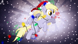 Size: 1920x1080 | Tagged: safe, artist:gameguy001, artist:justaninnocentpony, edit, derpy hooves, pegasus, pony, christmas, christmas lights, female, hat, holiday, mare, santa hat, solo, wallpaper, wallpaper edit