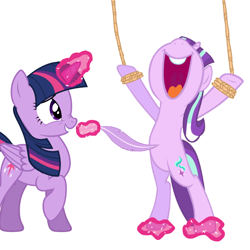 Size: 1080x1080 | Tagged: safe, artist:princessdestiny200i, starlight glimmer, twilight sparkle, twilight sparkle (alicorn), alicorn, pony, unicorn, to where and back again, bondage, cute, cuteness overload, daaaaaaaaaaaw, eyes closed, feather, female, friendshipping, glowing horn, grin, horn, laughing, levitation, magic, magical bondage, make it stop, mare, open mouth, raised hoof, reference, rope, rope bondage, simple background, smiling, story included, telekinesis, tickle torture, tickling, ticklish tummy, volumetric mouth, white background
