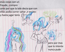 Size: 2342x1851 | Tagged: safe, artist:orochivanus, princess celestia, principal celestia, sonata dusk, equestria girls, ball, clothes, crash, lined paper, shorts, spanish, t-shirt, tampon, tennis racket, traditional art, translated in the comments