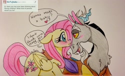 Size: 2488x1503 | Tagged: safe, artist:ameliacostanza, discord, fluttershy, pegasus, pony, discoshy, female, male, shipping, straight, traditional art