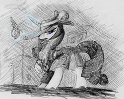 Size: 920x731 | Tagged: safe, artist:t72b, derpibooru exclusive, rarity, pony, unicorn, rarity investigates, clothes, gun, hat, levitation, looking back, magic, monochrome, night, noir, partial color, solo, telekinesis, traditional art, weapon