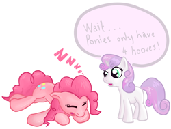 Size: 1764x1332 | Tagged: safe, artist:runbowdash, pinkie pie, sweetie belle, earth pony, pony, confused, extra legs, puzzled, sleeping, sleipnir, wat