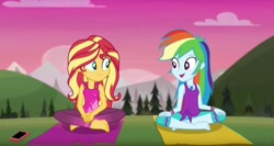 Size: 1304x692 | Tagged: safe, screencap, rainbow dash, sunset shimmer, better together, choose your own ending, equestria girls, wake up!, wake up!: rainbow dash, barefoot, cellphone, clothes, feet, flexible, phone, yoga