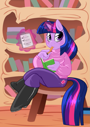 Size: 811x1147 | Tagged: safe, artist:meb90, derpibooru import, twilight sparkle, anthro, plantigrade anthro, book, chair, clothes, female, glowing horn, levitation, looking at you, magic, pencil, sitting, solo, telekinesis