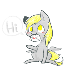 Size: 650x650 | Tagged: safe, artist:shining-dog, derpy hooves, pegasus, pony, blushing, cute, derpabetes, dialogue, female, mare, mouth hold, no pupils, simple background, sitting, solo, speech bubble, white background