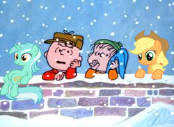 Size: 262x192 | Tagged: safe, artist:wicklesi, applejack, lyra heartstrings, earth pony, human, pony, unicorn, a charlie brown christmas, charlie brown, linus van pelt, peanuts, sitting lyra, snow, snowfall