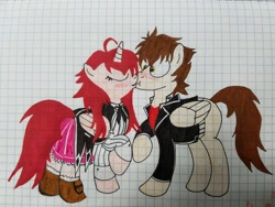 Size: 1008x756 | Tagged: safe, artist:shortydante, alicorn, pegasus, pony, ahoge, blushing, bow, brown hair, brown mane, brown tail, clothes, couple, eyes closed, golden eyes, graph paper, high school dxd, issei hyoudou, jacket, japanese school uniform, kissing, non-mlp shipping, pleated skirt, ponified, red hair, red mane, red tail, redhead, rias gremory, ribbon, school uniform, schoolgirl, shipping, shocked expression, shoes, skirt, socks, stockings, thigh highs, traditional art