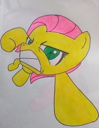 Size: 787x1014 | Tagged: safe, artist:janob23, fluttershy, pegasus, pony, angry, smile hd, solo, traditional art