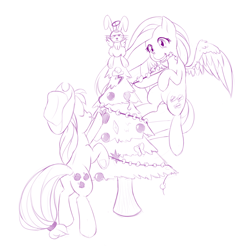 Size: 1000x1020 | Tagged: safe, artist:dstears, angel bunny, applejack, fluttershy, earth pony, pegasus, pony, christmas tree, decorating, decoration, monochrome, mouth hold, newbie artist training grounds, popcorn, sketch, tree