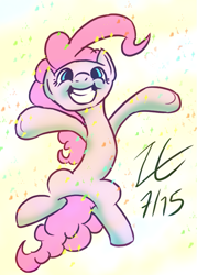 Size: 647x903 | Tagged: safe, artist:liracrown, pinkie pie, earth pony, pony, confetti, jumping, smiling, solo