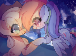 Size: 1500x1100 | Tagged: safe, artist:blackwhite, derpibooru import, applejack, rainbow dash, earth pony, pegasus, pony, appledash, female, heart eyes, lesbian, shipping, starry eyes, stars, wingding eyes