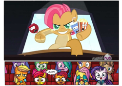 Size: 608x431 | Tagged: safe, edit, idw, apple bloom, applejack, babs seed, fluttershy, rarity, earth pony, pegasus, pony, unicorn, one bad apple, spoiler:comic, applejack is not amused, audience reaction, breaking the fourth wall, candy, candy apple (food), comic, exploitable, exploitable meme, fourth wall, giant pony, meme, popcorn, self ponidox, soda