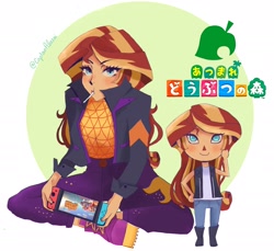 Size: 1800x1649 | Tagged: safe, artist:abarai, sunset shimmer, better together, equestria girls, animal crossing, animal crossing: new horizons, clothes, female, gamer sunset, jacket, leather jacket, looking at you, nintendo, nintendo switch, solo, sunset gamer