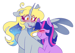 Size: 1280x907 | Tagged: safe, artist:cubbybatdoodles, derpy hooves, twilight sparkle, unicorn twilight, alicorn, unicorn, alicornified, blushing, derpicorn, female, lesbian, race swap, role reversal, shipping, simple background, transparent background, twerpy