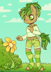 Size: 1668x2348 | Tagged: safe, artist:breeoche, oc, oc only, oc:evergreen breeze, anthro, earth pony, unguligrade anthro, bow, clothes, female, flower, hair bow, socks, solo, standing, stockings, striped socks, tail bow, thigh highs