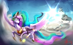 Size: 5557x3449 | Tagged: safe, artist:alumx, princess celestia, alicorn, pony, absurd resolution, cloud, flying, signature, solo