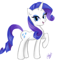 Size: 900x905 | Tagged: safe, artist:bbqgoth, rarity, pony, unicorn, female, looking at you, mare, open mouth, raised hoof, signature, simple background, solo, white background